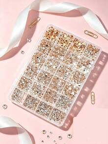 24 Grid Box Flat Back Rhinestones, Champagne Gold Multi-Size Crystal Nail Gems, Sparkling DIY Nail Art Decorations For Nail Salon & Home Manicure - Multicolor - View 2