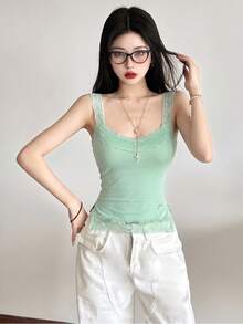 Top Dazzle Women's Summer Essential Knitted Camisole, Delicate Lace Details, Asymmetrical Hem, Comfortable Regular Fit - Green - View 1