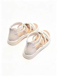 Women's Cross Strap Roman Sandals With Rhinestone Decor, Open Toe, Thick Sole, Back Zipper, Summer Casual Shoes - Beige - View 5