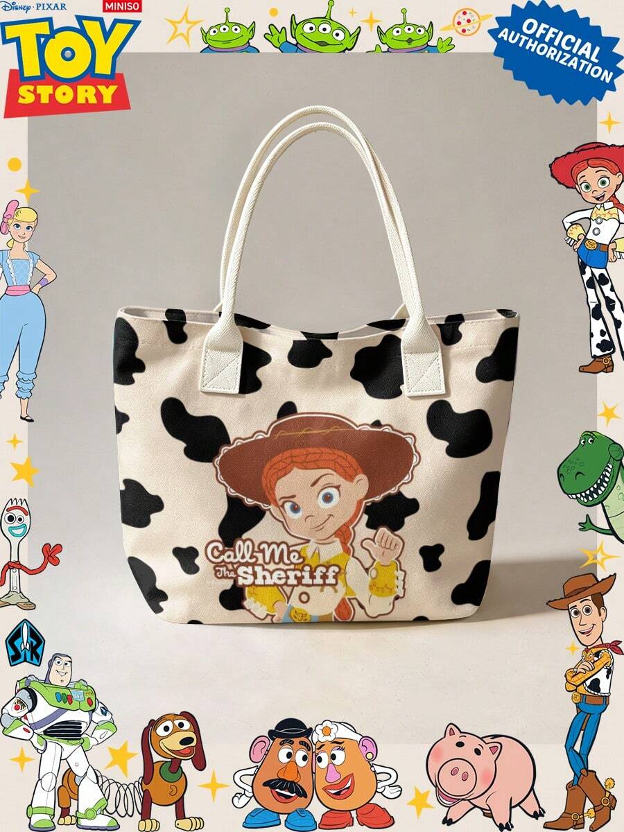 Miniso Disney Toy Story Jessie Call Me The Sheriff 帆布托特包，牛紋印花單肩手提包，適合日常使用 - 白色 - 查看 1