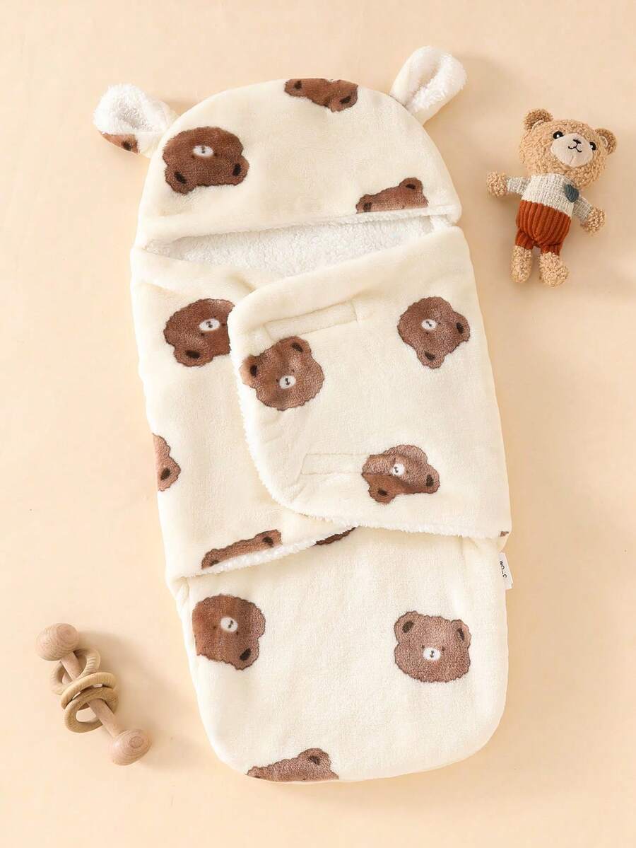 1pc Newborn Cartoon Pattern Double Layer Plush Baby Swaddle Blanket - Multicolor - View 1