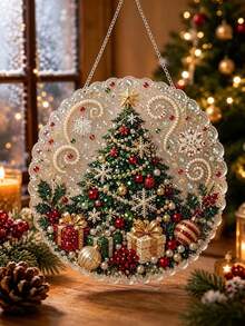 Christmas Pearl Diamond Painting Suncatcher Set 8 Inch, Pre-Assembled Metal Chain, Acrylic Disc With Lace Edge, 3D Mixed Size Pearl Beads, Holiday Window Wall Decor - Set - View 2