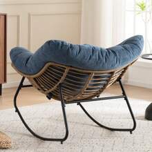 Oversized Egg Rocking Chair, Wicker Rattan Patio Lounge Chair With Thick Cushion, Egg-Shaped Rocker For Balcony, Porch, Garden & Bedroom - Blue - View 2