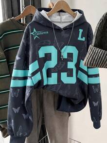 1pc Tween Boys Black Butterfly #23 Sweatshirt, Mint Green Contrast Color American Basketball Style Loose Pullover Sweatshirt, Spring/Autumn - Black - View 4