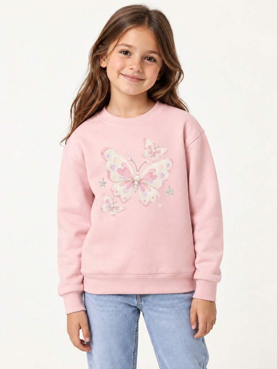 Sweet Pink Butterfly Print Girls Pullover Sweatshirt, Loose Fit Long Sleeve Top - Pink - View 1
