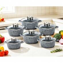Elitehoff 14-Piece Nonstick Cookware Set, Marble-Coated Aluminium Pots With Glass Lids, Induction & Gas Compatible, Black Or Grey - View 3