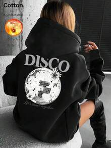 Women's Sweatshirt, Autumn/Winter Thermal Lined Long Sleeve Loose Sweatshirt, Printed With Disco Ball Pattern And "Let's Dance Together" Text - Black - View 2