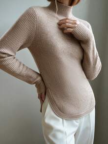 SEREN Fashion Sweater Rajut Bergaris Leher Tinggi Wanita, Atasan Rajut Lengan Panjang yang Nyaman, Cocok untuk Musim Gugur/Musim Dingin - Khaki Bunga - View 2