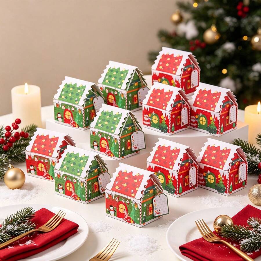 6pcs/24pcs/50pcs/Pack Christmas 3D Christmas House Party Gift Paper Bags Candy Snack Boxes Paper Boxes Decoration Atmosphere Paper Boxes Christmas House Tabletop Small Gifts Includes Rope And Cards - View 1