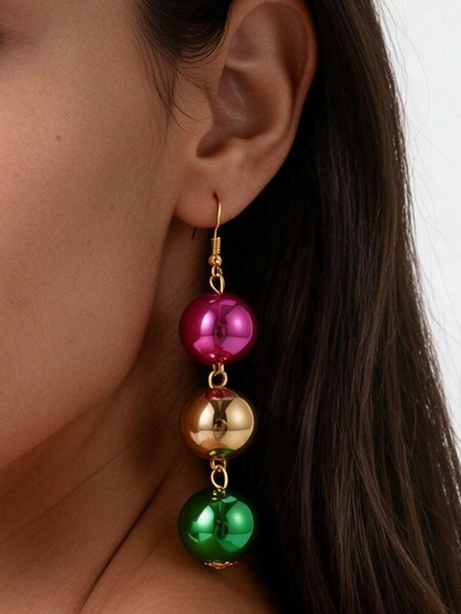 Colorful Ball Drop Dangle Earrings For Women 3 Tier Multicolor Bead Statement Long Earrings Party Holiday Ear Jewelry - Multicolor - View 1