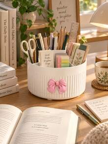 Desktop 360 Degree Rotating Multifunctional Storage Box With Bow Decoration, Pen Holder For Cosmetics, Makeup Brushes, Eyebrow Pencils, Desk Organizer With 5 Compartments - Multi-Functional Pencil, Marker, Scissors And Stationery Storage Rack, Suitable For Office, Vanity, Dorm, Classroom, Christmas Gift, Birthday Gift, Holiday Essential, Home - Multicolor - View 8