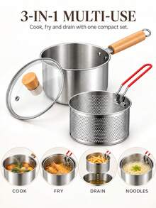 Stainless Steel Milk Pot Set, 3-In-1 Multi-Function Pot With Fryer Basket And Glass Lid, Home Kitchen Stewing, Boiling, Frying, Oil Filtering, Single Person Meal, Noodle Cooking, Soup Making, Small Fryer - View 5