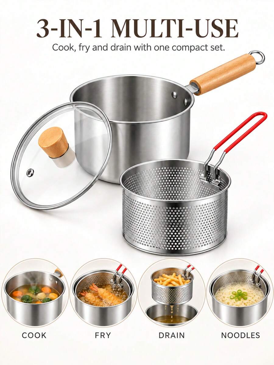 Stainless Steel Milk Pot Set, 3-In-1 Multi-Function Pot With Fryer Basket And Glass Lid, Home Kitchen Stewing, Boiling, Frying, Oil Filtering, Single Person Meal, Noodle Cooking, Soup Making, Small Fryer