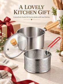 Stainless Steel Milk Pot Set, 3-In-1 Multi-Function Pot With Fryer Basket And Glass Lid, Home Kitchen Stewing, Boiling, Frying, Oil Filtering, Single Person Meal, Noodle Cooking, Soup Making, Small Fryer - View 8
