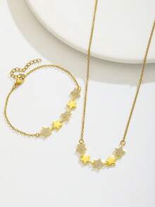 2pcs/Set Gold Tone Rhinestone Five Point Star Necklace Bracelet Set Cute Sparkly Kids Jewelry For Girls Daily Party School Birthday Gift - Gold - View 4