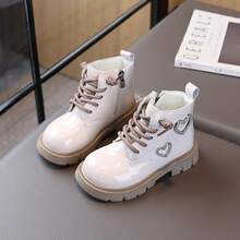 1 Pair Girls' Boots 2026 Autumn/Winter New Shiny Princess Ankle Boots Rhinestone Heart Children's Leather Boots For Outings, Parties And Gatherings - Beige - View 2