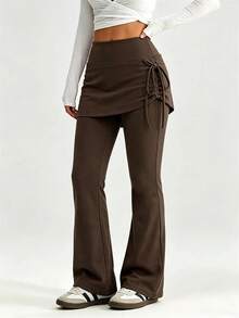 Women's High Waist Flare Leg Yoga Pants, Side Drawstring Tummy Control & Butt Lift, Fitness Training Workout Pants, Basic Casual Style - Camel - View 4