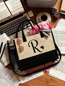 Large Capacity Black Linen Tote Bag With Detachable Shoulder Strap, Makeup Pouch And Square Storage Bag, Minimalist A-Z Letter Print - Multicolor - View 6