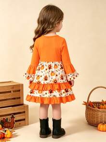 BrownBark Girls' Thanksgiving Turkey & Pumpkin Print Long Sleeve Colorblock Ruffle Hem Dress, Suitable For Autumn Holiday Party Outfit And Photo - Orange - View 4