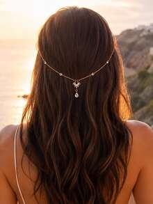 STONEFANS 1pc Starry Water Drop Pendant Back-Wear Hair Chain, Niche Design Water Drop Headpiece Bridal Wedding Hair Accessory - Multicolor - View 1