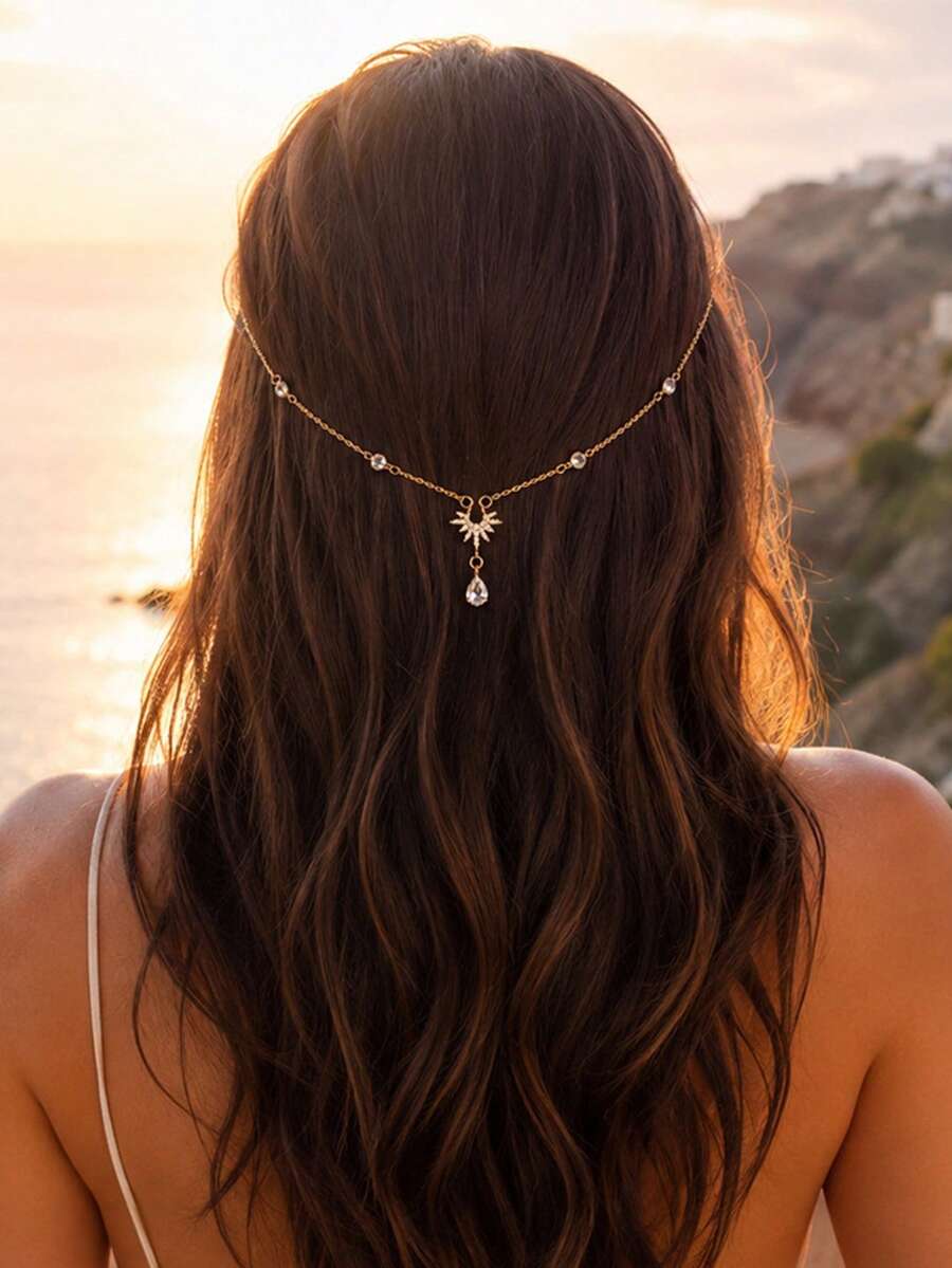 STONEFANS 1pc Starry Water Drop Pendant Back-Wear Hair Chain, Niche Design Water Drop Headpiece Bridal Wedding Hair Accessory - Multicolor - View 1