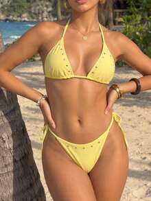 HOTTIE HABIT Women's Bright Yellow, Halter Triangle, 2 Pieces Bikini Set, High Cut, Rivet Detail, Summer Beach Pool Vacation - Yellow - View 4