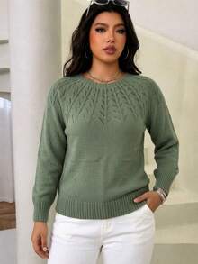 Plus Size Women's Loose Casual Round Neck Long Sleeve Knit Sweater, Textured Pattern Minimalist Design, Versatile Everyday Style - Green - View 6