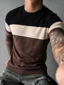 1pc Men's Striped Round Neck T-Shirt, Slim Fit Short Sleeve Knit Sweater, Contrast Color New Arrival Short Sleeve Knit Top - Brown - View 3