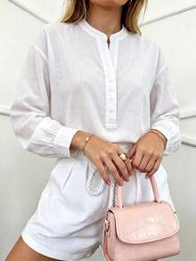 Women's Casual Fashion White Solid Color Sheer Stand Collar Front Button Regular Fit Long Sleeve Shirt, Suitable For Home, Office, Daily Wear, All Seasons - White - View 4