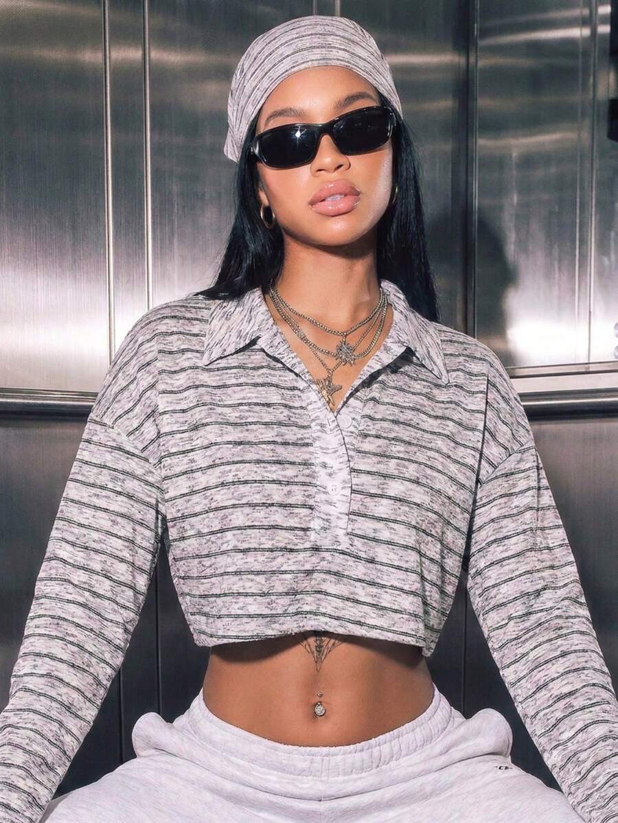 Women's Knitwear Striped Collar Button Long Sleeve Oversized Micro Cropped Top For Fall/Winter Daily,Fall Winter Clothes,Winter Fall Outfit,Going Out - White - View 1