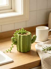 1pc Green Cactus Shaped Flower Pot, Pen Holder, Large Capacity Storage Space, Stable Base, Not Easy To Tip Over, Study Office Desk Surface Decoration, Suitable For Office Housewarming Gift - Cactus - View 2