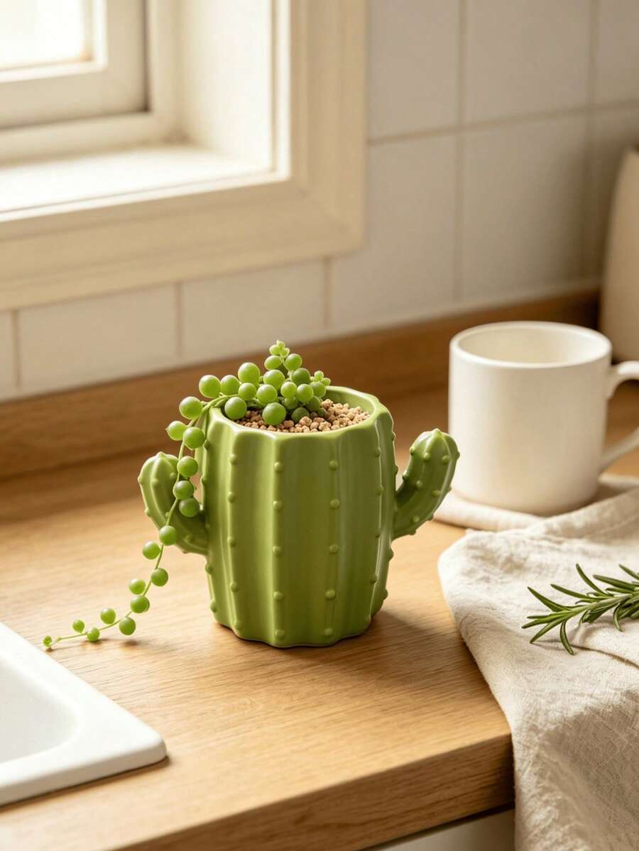 1pc Green Cactus Shaped Flower Pot, Pen Holder, Large Capacity Storage Space, Stable Base, Not Easy To Tip Over, Study Office Desk Surface Decoration, Suitable For Office Housewarming Gift