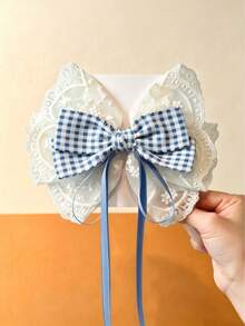 3pcs Ladies Gingham Lace Bow Hair Clips, Blue Plaid Bowknot Barrettes With Long Ribbon, Sweet Vintage Style Hair Accessories For Daily Dating Party - Multicolor - View 4