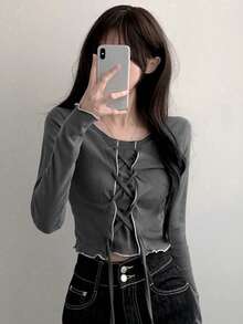 Solid Color V-Neck Long Sleeve Fitted Tie-Up Collegiate Style Top For Women, Spring/Autumn - Grey - View 4