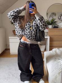 Women's Leopard Print Round Neck Sweater, Casual Loose Ribbed Cuff Pullover, Suitable For Daily Wear, Street Style, Party - Grey - View 2