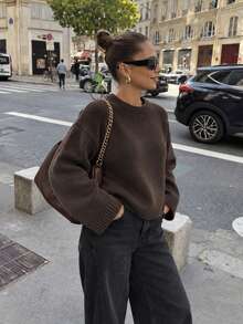 Women's Round Neck Dropped Shoulder Knit Sweater, Loose Fit Solid Color Basic Pullover Top, Vintage Style, Suitable For Commuting - Coffee Brown - View 8