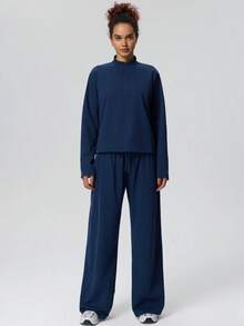 Women's Waffle Knit Drawstring Sweatpants, High Waist Loose Wide Leg With Pockets Long Pants, Autumn Casual Fitness Training Pants - Blue - View 4