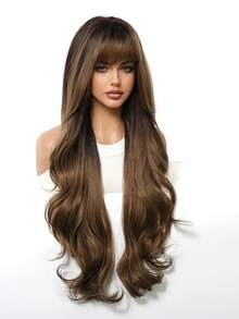 Topshe 30 Inch Gradient Dark Brown To Caramel Highlight Long Wavy Synthetic Wig, Silky Voluminous Soft Texture, Neat Straight Fringe Bangs, Breathable Adjustable Wig Cap, Perfect For Daily Outing, Dating, Club, Vintage Style Hair Wig For Ladies - Piano Color - View 5