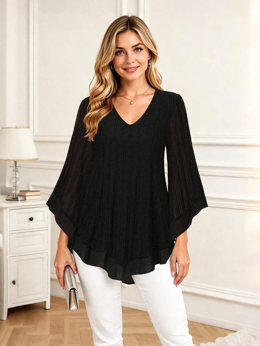 CheersLife Women's Elegant V-Neck Double-Layer Elastic Mesh Casual Flowy Work Blouse With Ruffle Trim And 3/4 Bell Sleeves Black Spring - Black - View 1