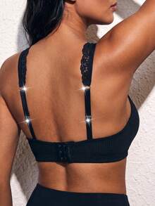 Women's Fashion Lace Patchwork Solid Color Bra, Romantic Comfortable Adjustable Simple Lingerie - Black - View 7