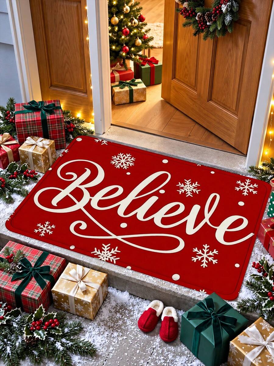 1pc 3D Embossed Non-Slip Red Christmas Theme "Believe" Doormat, White Snowflake Pattern Christmas Decoration Essential, Suitable For Entryway, Study, Bedside, Floor Mat, Outdoor, Easy To Clean, Non-Slip, Quick Drying, All Season Use, Machine Washable