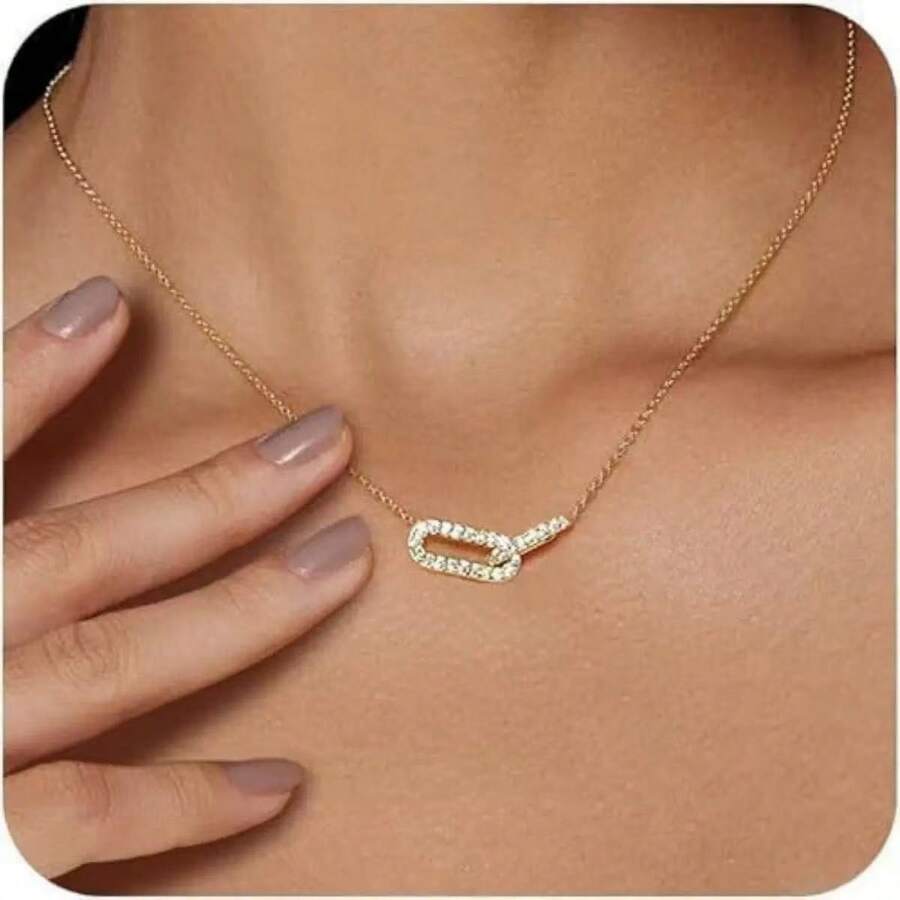 1pc Elegant Gold Plated Paperclip Necklace, High-End Oval Double Ring Pendant Necklace, Simple Style Necklace, Gift For Girls - Multicolor - View 1