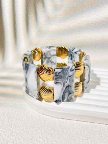 Marble Pattern Resin Elastic Beaded Bracelet, Gold Shell Decor Wide Cuff Bracelet, Bohemian Style Exaggerated Jewelry, Versatile Gift For Women And Girls, Suitable For Daily Wear, Party And Travel - Multicolor - View 5