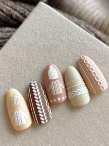 1pc Fall, Autumn, Fall Nails Embossed Knitted Bow Heart Plaid Nail Stickers With Adhesive Backing, DIY Nail Art Accessories - Multicolor - View 2