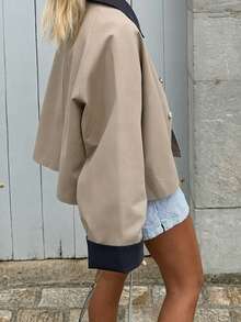 Women's Khaki Contrast Collar Button Front Jacket Long Sleeve Loose Fit Casual Trench Coat Outerwear - Khaki - View 2
