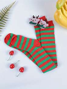 1 Pair Women's Christmas Plush Over-The-Knee Socks, Red & Green Striped Reindeer & Letter Print, Soft Winter Holiday Party Accessory, Hand Wash Only - Red - View 4