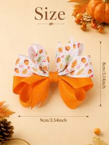 2pcs Thanksgiving Bow Hair Clips, Orange Satin Ribbon Acorn Leaf Print, Cute Children Hair Accessories, Suitable For Toddler Autumn Party Gifts - Multicolor - View 6