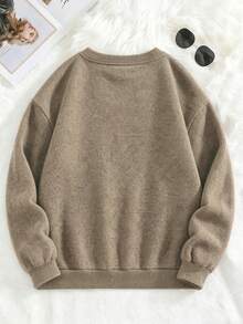 Women's Plus Size Sweater, Cat & Floral Pattern, Comfortable Autumn/Winter Women's Clothing, Long Sleeve Crew Neck - Khaki - View 2