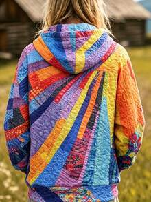 Sweatshirt Pullover Wanita FLEXCHIC, Saku Depan Bermotif, Grafis Pelangi, Gaya Bohemian Kasual, Lengan Panjang, Potongan Reguler - warna - View 3