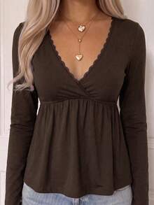 SCARLUX Autumn/Winter Y2K Women's Brown V-Neck Long Sleeve Knit Top, Suitable For Back To School, Street, Commute And Home Comfort Wear - Brown - View 1